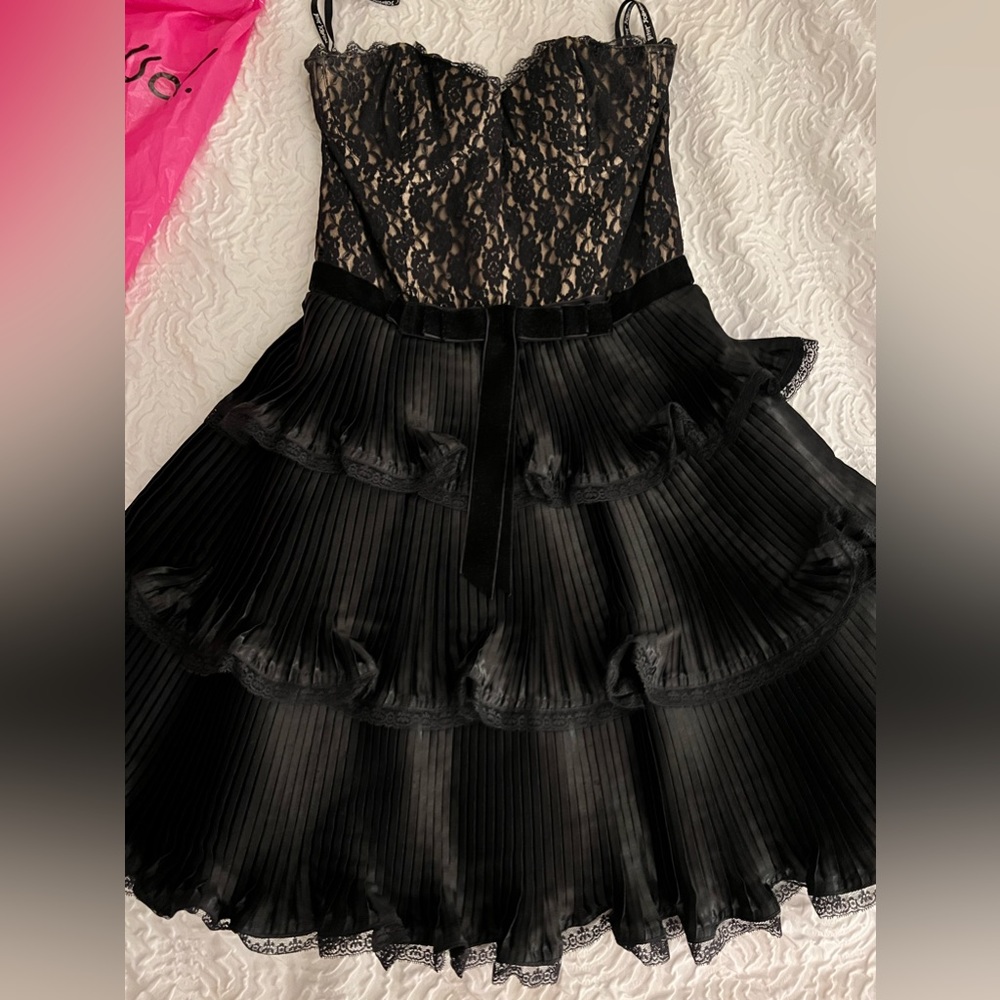 BETSEY Johnson vintage black & nude with sequin corset, tiered cocktail dress.